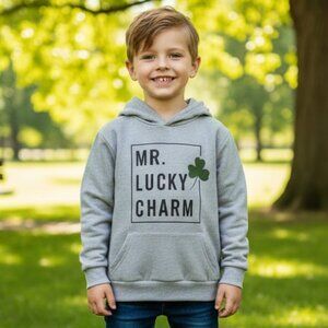 Kids Gray “MR. LUCKY CHARM” Shamrock Hoodie Size L